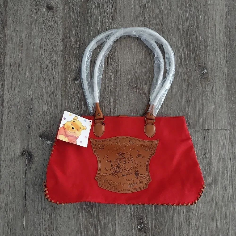 Disney Winnie The Pooh Red Canvas - Camel Brown Faux Leather Shoulder Bag Tote